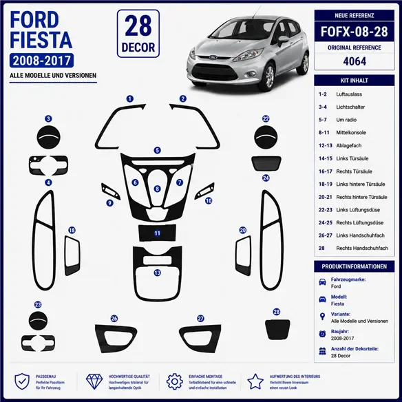 Ford Fiesta 2008–2017 3D sada dekorov interiéru palubnej dosky 28-dielna