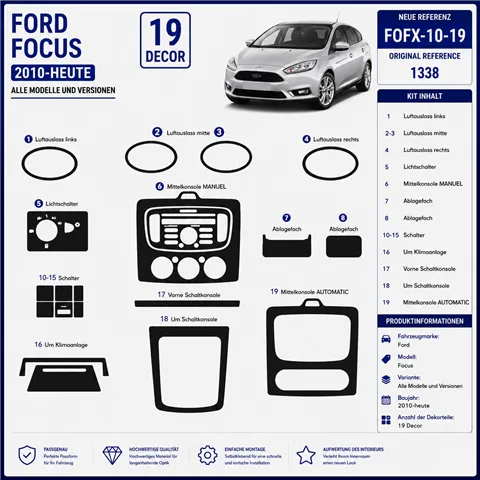 Ford Focus od 2010 3D sada dekorov interiéru palubnej dosky 19-dielna