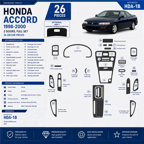 Honda Accord 1998–2000 2 dvere kompletná sada 3D sada dekorov interiéru palubnej dosky 26-dielna