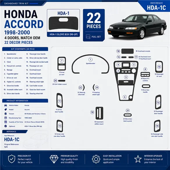 Honda Accord 1998–2000 4-Door; OEM Compliance 3D sada dekorov interiéru palubnej dosky 22-dielna