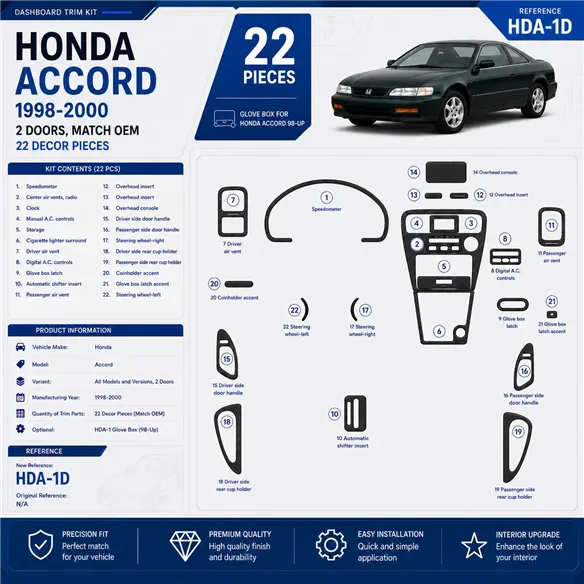 Honda Accord 1998–2000 2 dvere; Mtach OEM 3D sada dekorov interiéru palubnej dosky 22-dielna