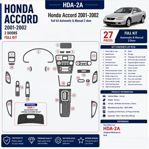 Honda Accord 2001–2002 2 dvere; kompletná sada 3D sada dekorov interiéru palubnej dosky 27-dielna