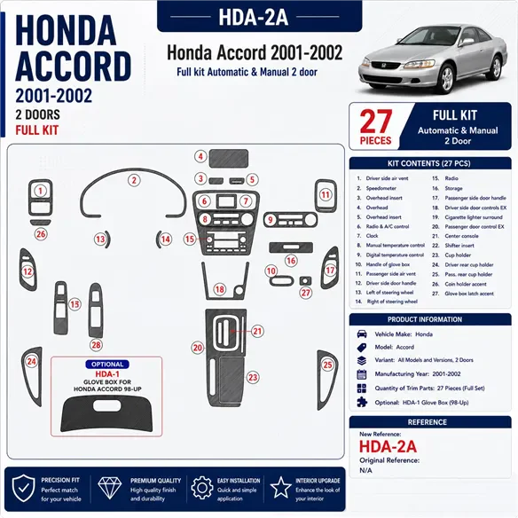 Honda Accord 2001–2002 2 dvere; kompletná sada 3D sada dekorov interiéru palubnej dosky 27-dielna