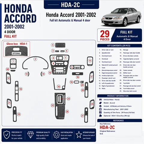 Honda Accord 2001–2002 4-Door; kompletná sada 3D sada dekorov interiéru palubnej dosky 29-dielna