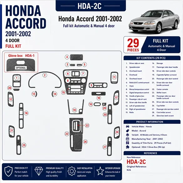 Honda Accord 2001–2002 4-Door; kompletná sada 3D sada dekorov interiéru palubnej dosky 29-dielna