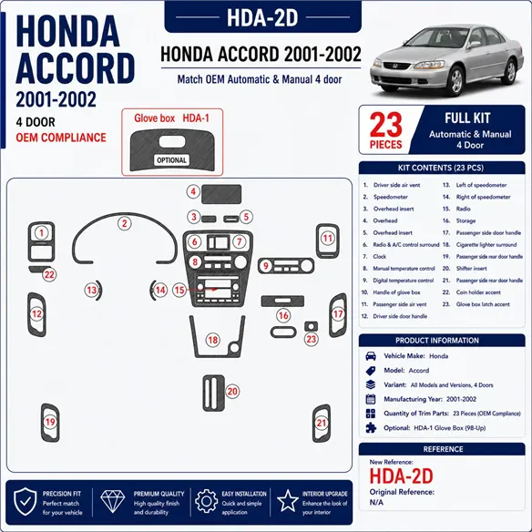 Honda Accord 2001–2002 4-Door; OEM Compliance 3D sada dekorov interiéru palubnej dosky 23-dielna