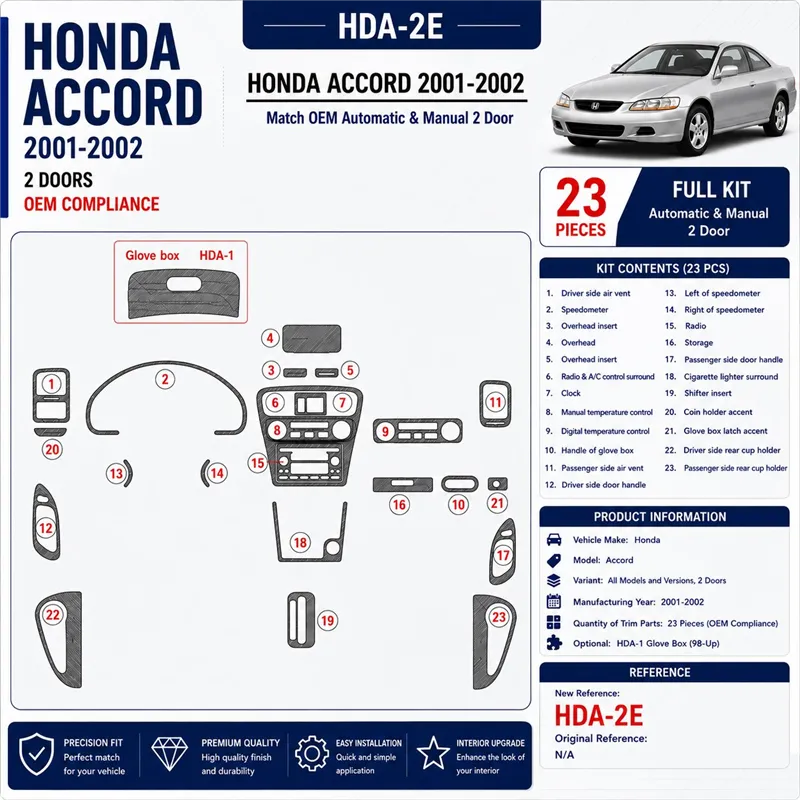 Honda Accord 2001–2002 2 dvere; OEM Compliance 3D sada dekorov interiéru palubnej dosky 23-dielna