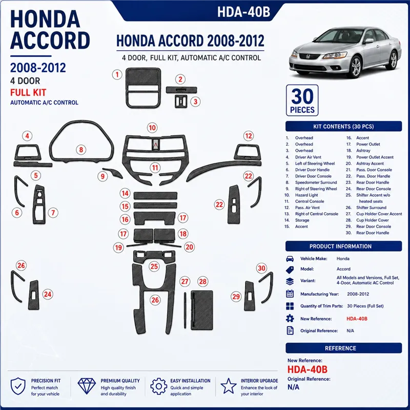 Honda Accord 2008–2012 kompletná sada, 4-Door; Automatic AC Control 3D sada dekorov interiéru palubnej dosky kompletná sada / po