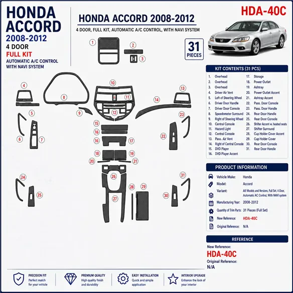 Honda Accord 2008–2012 kompletná sada, 4-Door; Automatic AC Control; s navigáciou NAVI system 3D sada dekorov interiéru palubnej