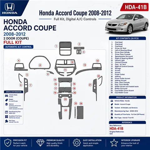 Honda Accord 2008–2012 kompletná sada, 2 dvere (Coupe); Automatic AC Control 3D sada dekorov interiéru palubnej dosky kompletná 