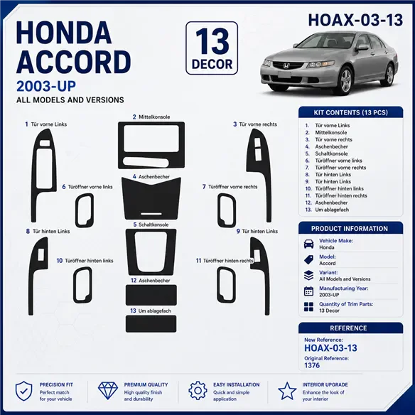 Honda Accord od 2003 3D sada dekorov interiéru palubnej dosky 13-dielna