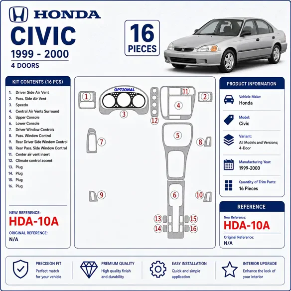 Honda Civic 1999–2000 4-Door 3D sada dekorov interiéru palubnej dosky 16-dielna
