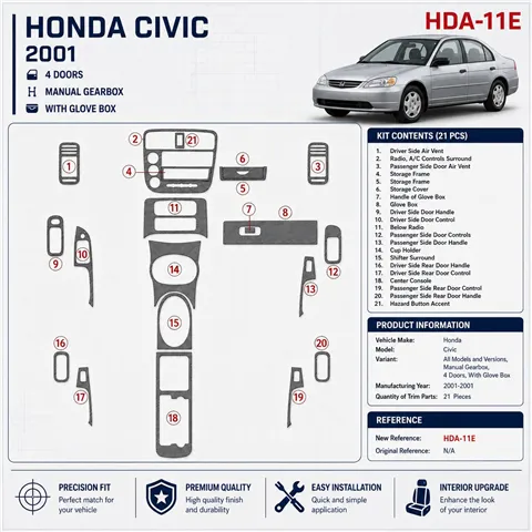 Honda Civic 2001–2001 Manual Gearbox, 4-Door; with glowe-box 3D sada dekorov interiéru palubnej dosky 21-dielna