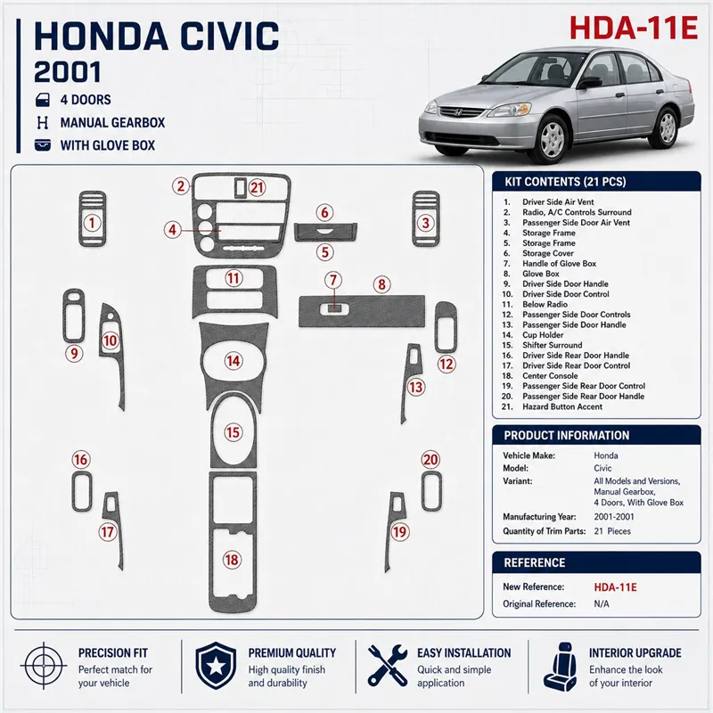 Honda Civic 2001–2001 Manual Gearbox, 4-Door; with glowe-box 3D sada dekorov interiéru palubnej dosky 21-dielna