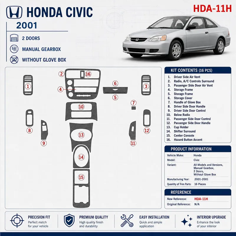Honda Civic 2001–2001 Manual Gearbox, 2 dvere; Without glowe-box 3D sada dekorov interiéru palubnej dosky 16-dielna