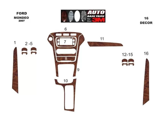 Ford Mondeo 01.08-12.11 Súprava obloženia palubnej dosky 3D interiéru Dekorácia palubnej dosky 18 dielov