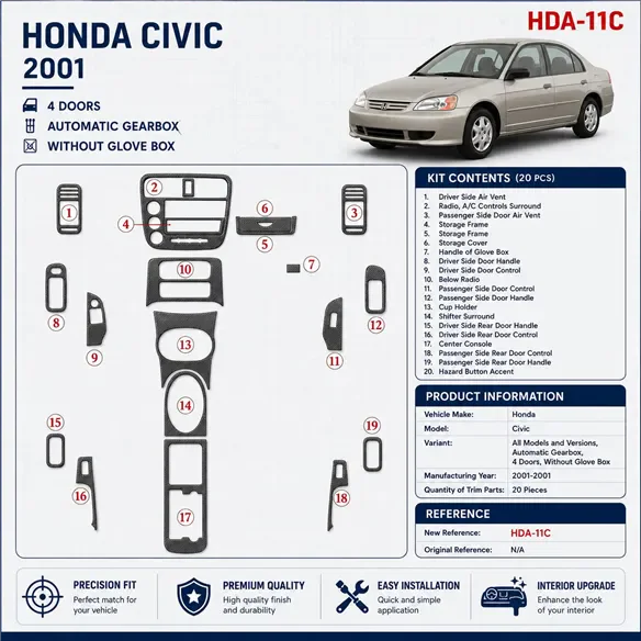 Honda Civic 2001–2001 Automatic Gearbox, 4-Door; Without glowe-box 3D sada dekorov interiéru palubnej dosky 20-dielna
