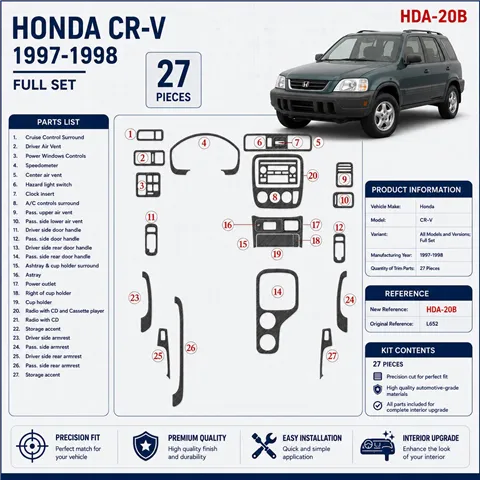 Honda CR-V 1997–1998 kompletná sada 3D sada dekorov interiéru palubnej dosky 27-dielna