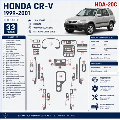 Honda CR-V 1999–2001 kompletná sada 3D sada dekorov interiéru palubnej dosky 33-dielna