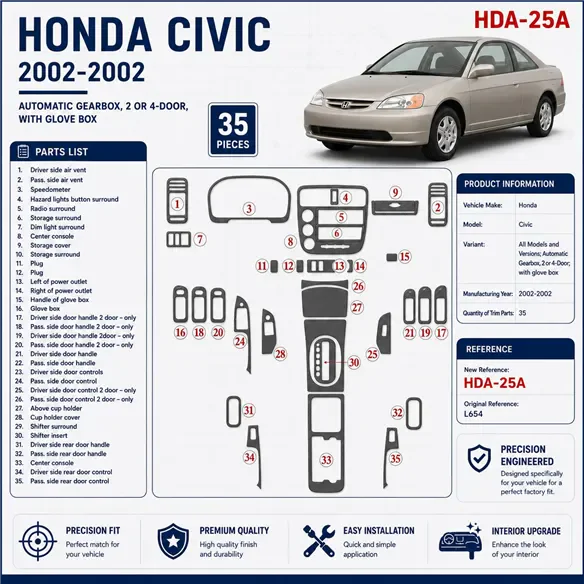 Honda Civic 2002–2002 Automatic Gearbox, 2 or 4-Door; with glowe-box 3D sada dekorov interiéru palubnej dosky 35-dielna