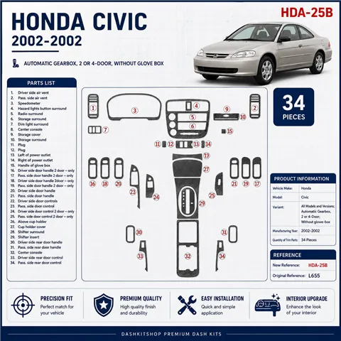 Honda Civic 2002–2002 Automatic Gearbox, 2 or 4-Door; Without glowe-box 3D sada dekorov interiéru palubnej dosky 34-dielna