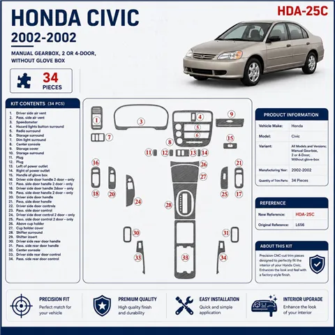 Honda Civic 2002–2002 Manual Gearbox, 2 or 4-Door; Without glowe-box 3D sada dekorov interiéru palubnej dosky 34-dielna