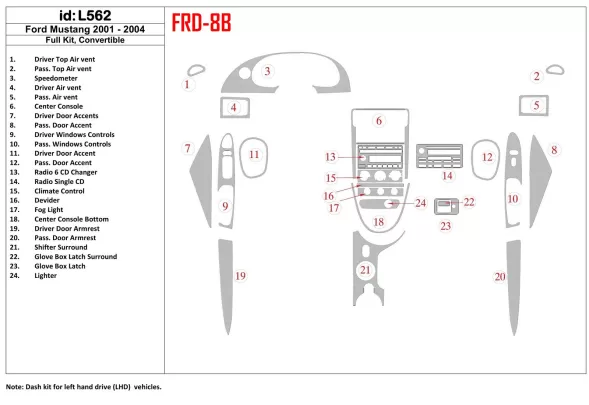 Ford Mustang 2001-2004 Skladacia strecha-Cabrio, kompletná súprava interiéru BD Dash Trim Kit - 1