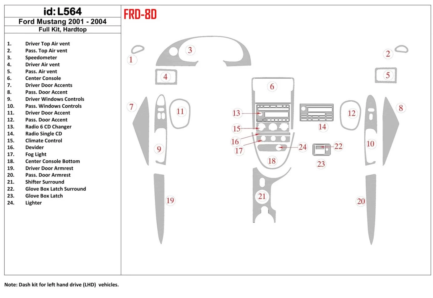 Ford Mustang 2001-2004 Kupé s mäkkou strechou, kompletná súprava interiéru BD Dash Trim Kit - 1