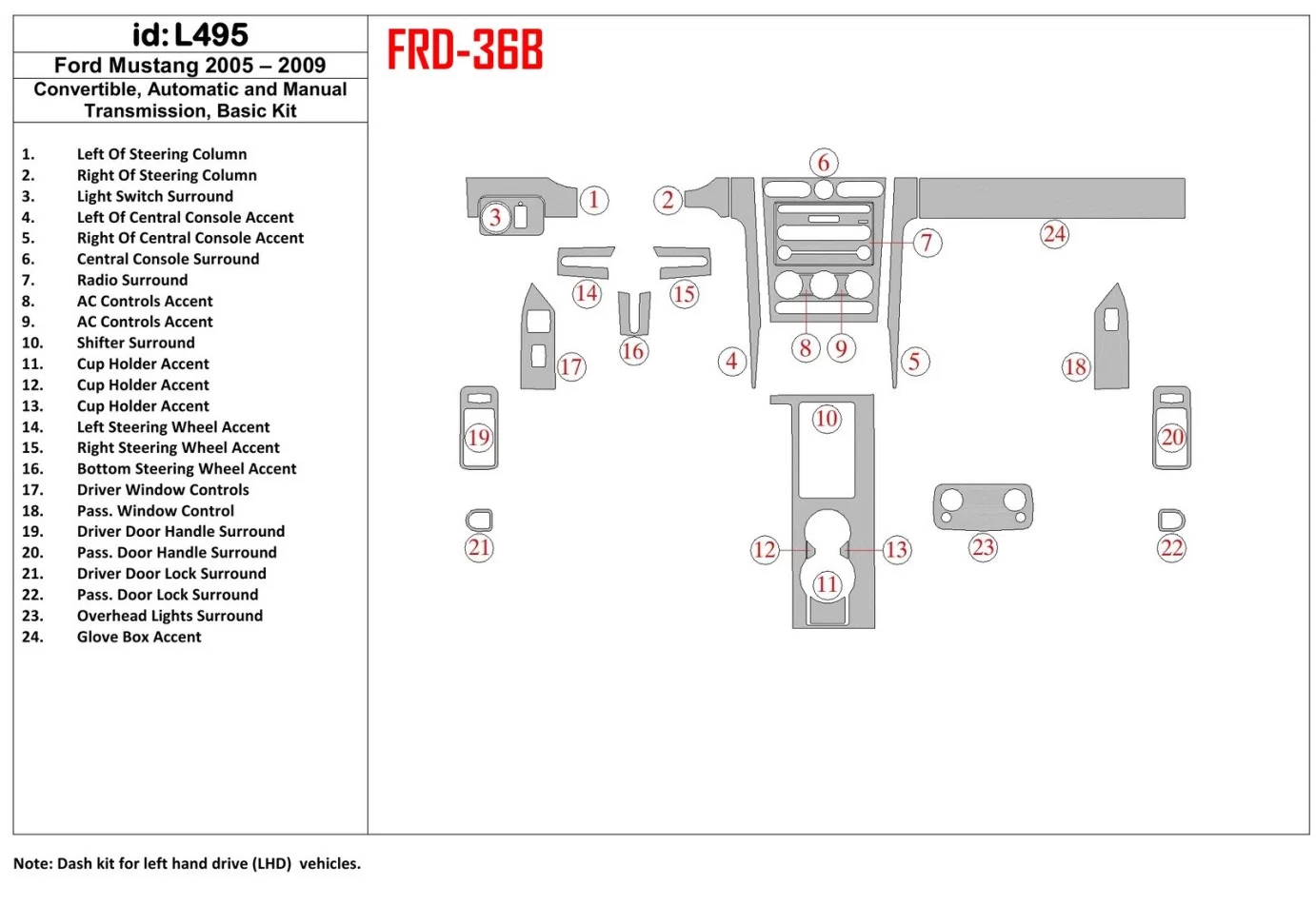 Ford Mustang 2005-2009 Skladacia strecha-Cabrio, základná súprava interiéru BD Dash Trim Kit - 1