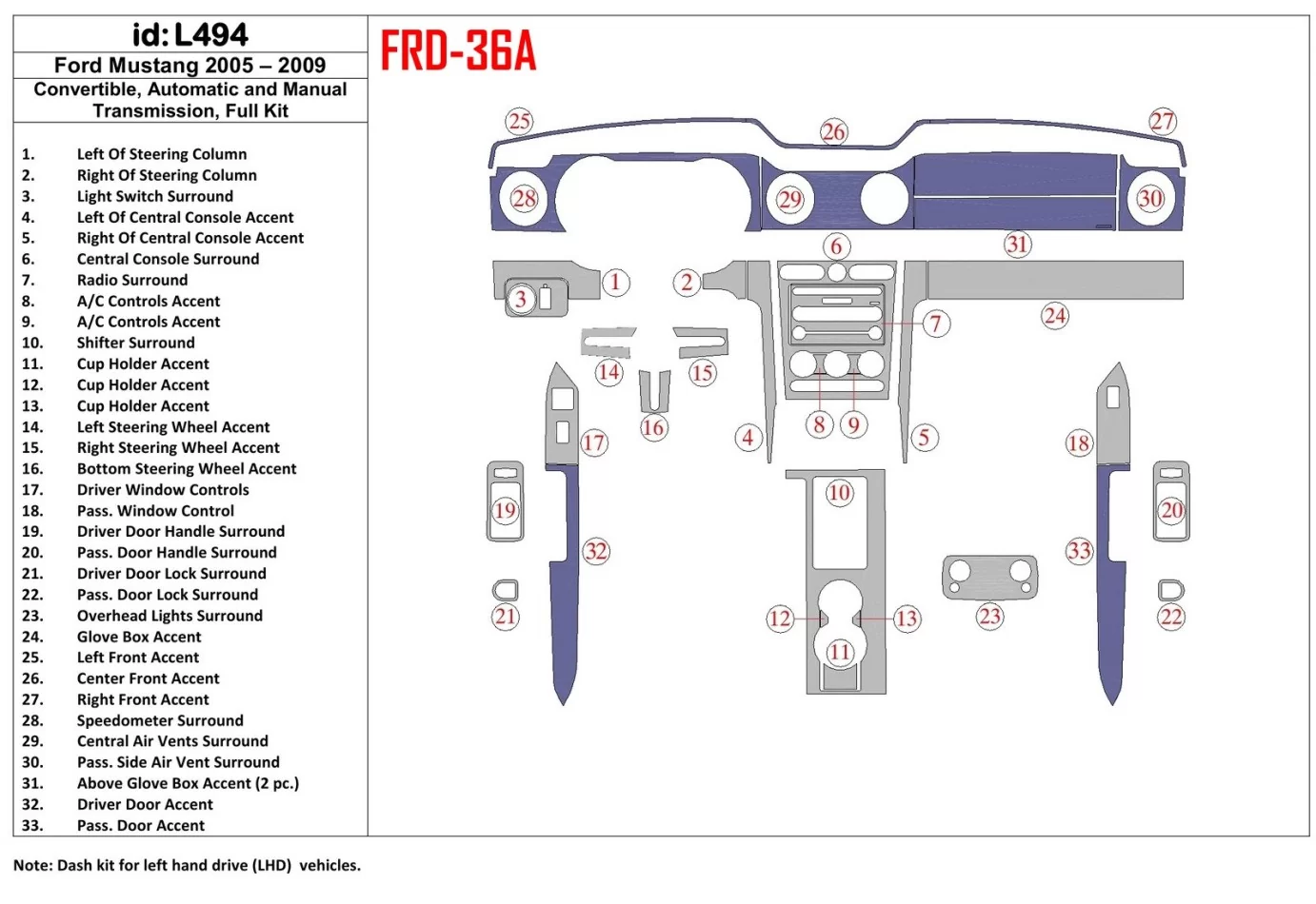 Ford Mustang 2005-2009 Skladacia strecha-Cabrio, Kompletná súprava interiéru BD Dash Dem Kit - 1