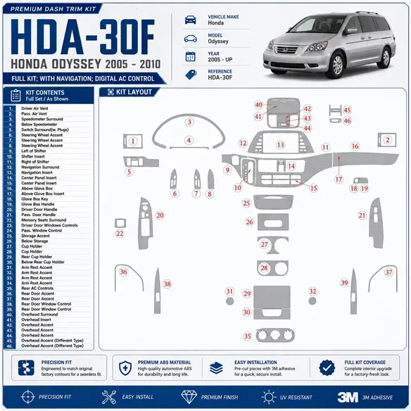 Honda Odyssey od 2005 kompletná sada; s navigáciou NAVI system; Automatic AC Control 3D sada dekorov interiéru palubnej dosky ko