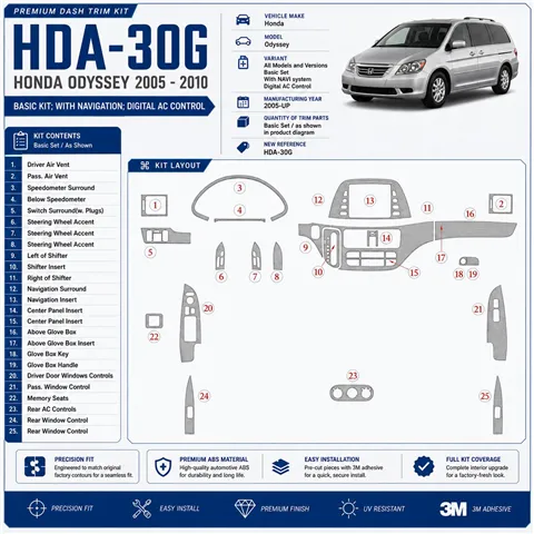 Honda Odyssey od 2005 základná sada; s navigáciou NAVI system; Automatic AC Control 3D sada dekorov interiéru palubnej dosky zák