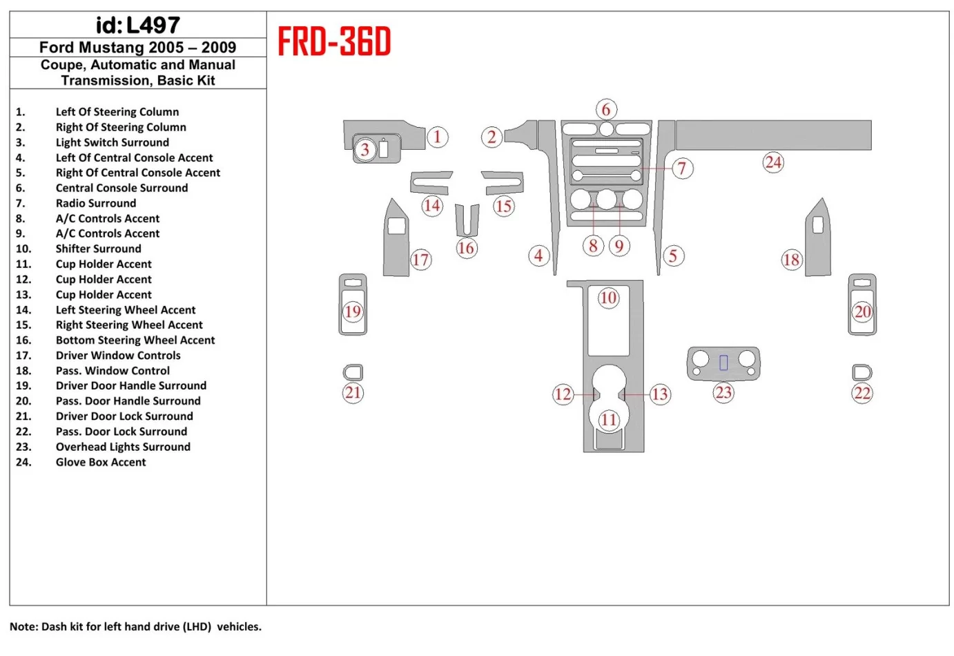 Ford Mustang 2005-2009 Mäkká strecha-kupé, základná súprava interiéru BD Dash Trim Kit - 1