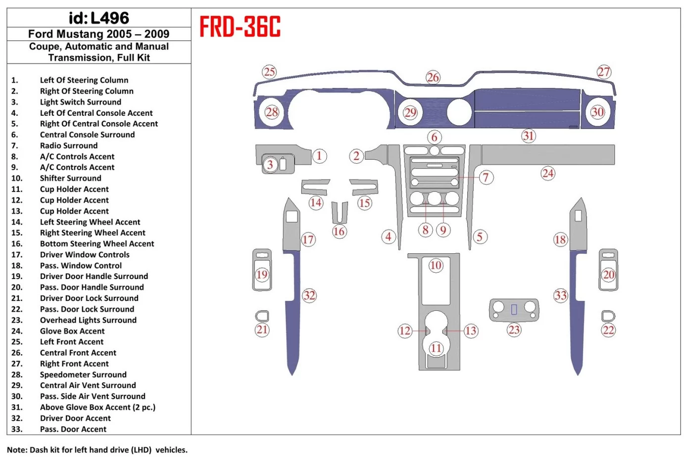 Ford Mustang 2005-2009 Kupé s mäkkou strechou, kompletná súprava interiéru BD Dash Trim Kit - 1