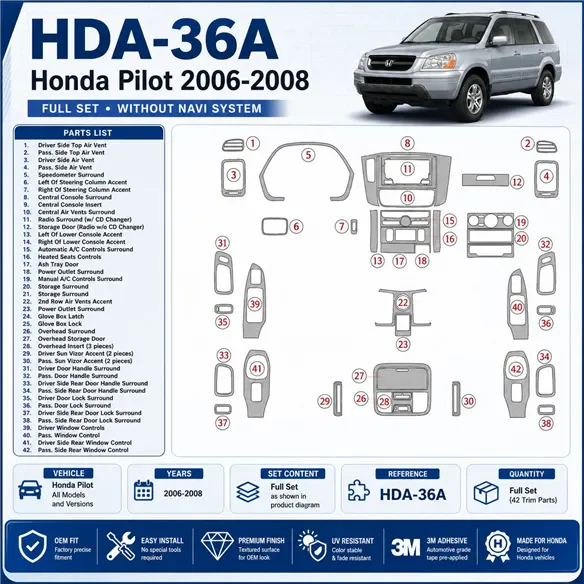 Honda Pilot 2006–2008 kompletná sada; bez navigácie NAVI system 3D sada dekorov interiéru palubnej dosky kompletná sada / podľa 