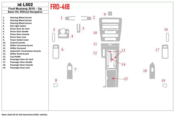 Základná sada Ford Mustang 2010-UP, bez súpravy NAVI interiéru BD Dash Trim Kit - 1 Základná sada Ford Mustang 2010-UP, bez súpravy NAVI interiéru BD Dash Trim Kit - 1
