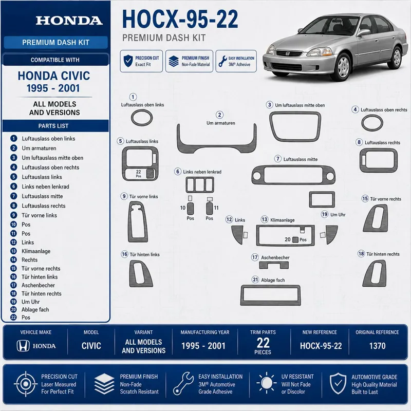 Honda Civic 1995–2001 3D sada dekorov interiéru palubnej dosky 22-dielna