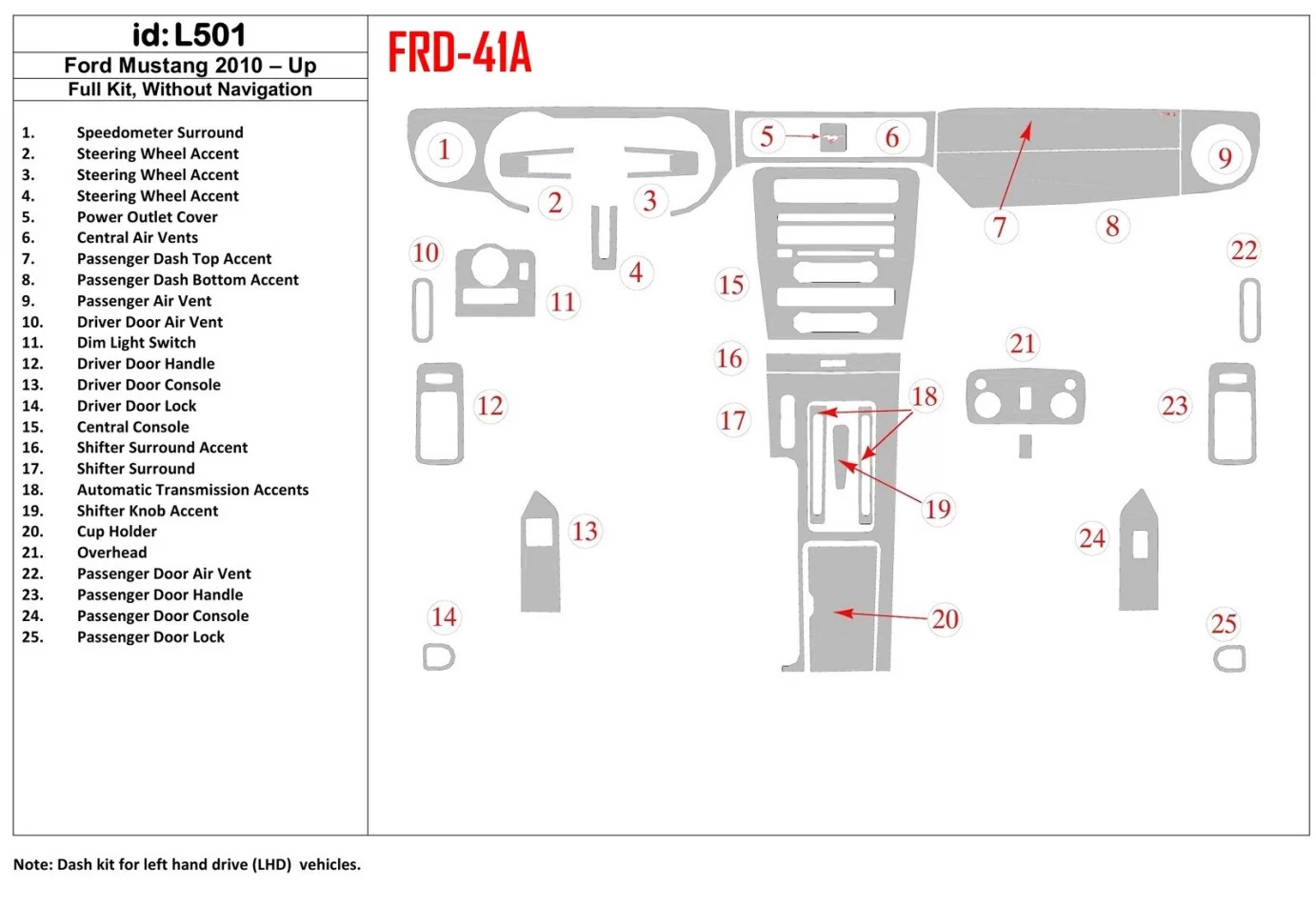 Kompletná sada Ford Mustang 2010-UP, bez súpravy NAVI interiéru BD Dash Trim Kit - 1