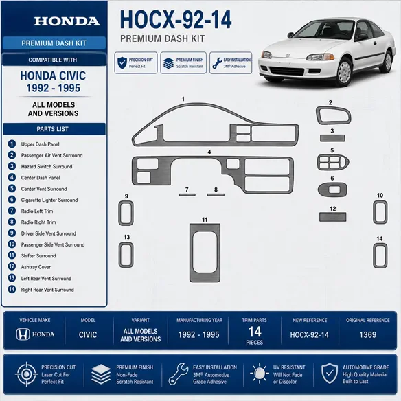 Honda Civic 1992–1995 3D sada dekorov interiéru palubnej dosky 14-dielna