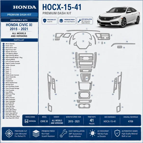Honda Civic XI 2015–2021 3D sada dekorov interiéru palubnej dosky 41-dielna