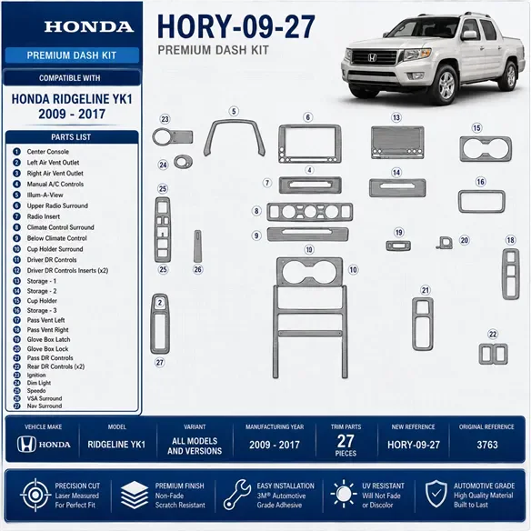 Honda Ridgeline YK1 2009–2017 3D sada dekorov interiéru palubnej dosky 27-dielna