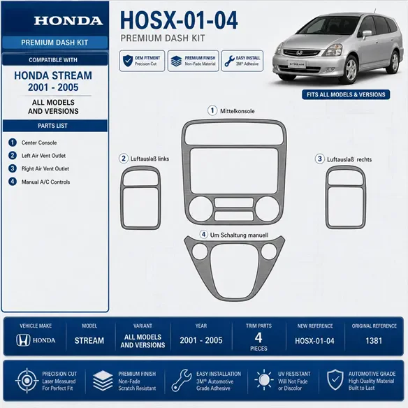 Honda Stream 2001–2005 3D sada dekorov interiéru palubnej dosky 4-dielna