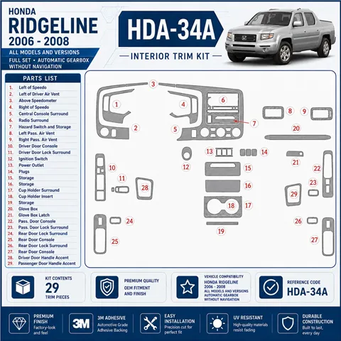 Honda Ridgeline 2006–2008 kompletná sada; Automatic Gearbox; Without navigácia 3D sada dekorov interiéru palubnej dosky kompletn
