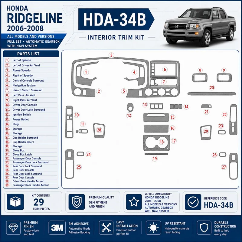 Honda Ridgeline 2006–2008 kompletná sada; Automatic Gearbox; s navigáciou NAVI system 3D sada dekorov interiéru palubnej dosky k