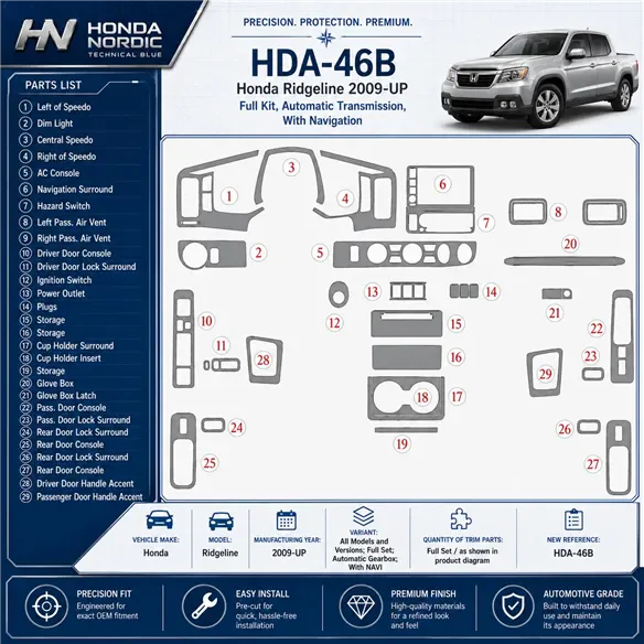 Honda Ridgeline od 2009 kompletná sada; Automatic Gearbox; s navigáciou NAVI 3D sada dekorov interiéru palubnej dosky kompletná 