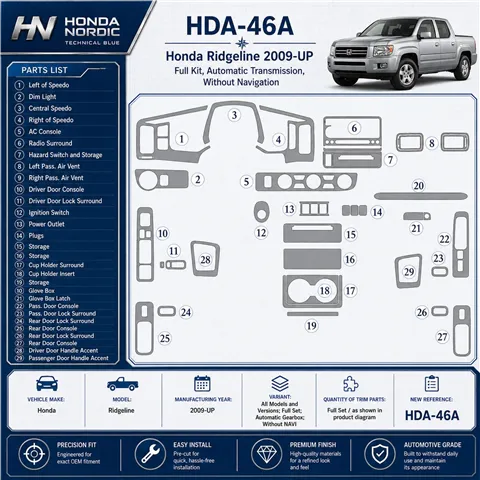 Honda Ridgeline od 2009 kompletná sada; Automatic Gearbox; bez navigácie NAVI 3D sada dekorov interiéru palubnej dosky kompletná