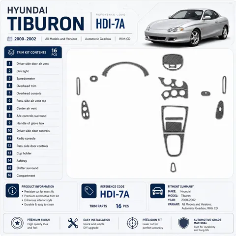 Hyundai Tiburon 2000–2002 Automatic Gearbox; s CD 3D sada dekorov interiéru palubnej dosky 16-dielna