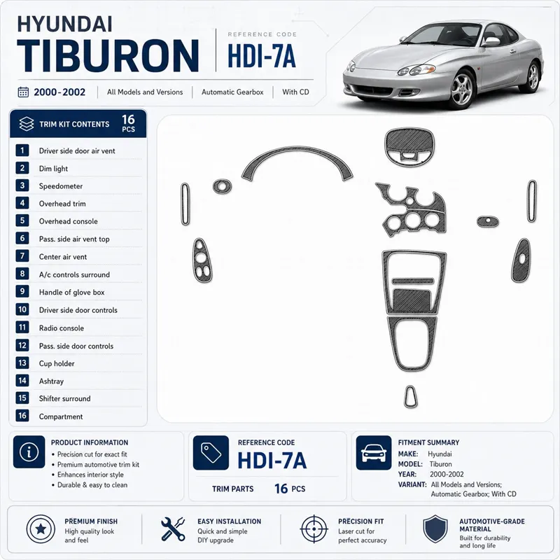 Hyundai Tiburon 2000–2002 Automatic Gearbox; s CD 3D sada dekorov interiéru palubnej dosky 16-dielna