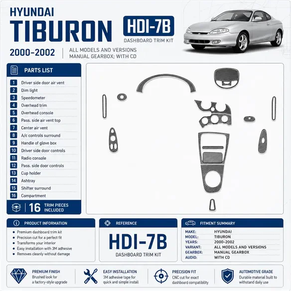 Hyundai Tiburon 2000–2002 Manual Gearbox; s CD 3D sada dekorov interiéru palubnej dosky 16-dielna