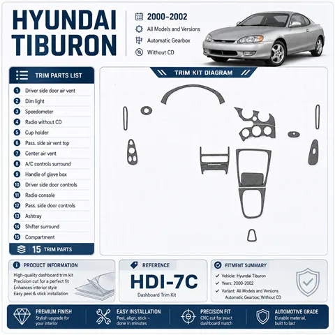Hyundai Tiburon 2000–2002 Automatic Gearbox; Without CD 3D sada dekorov interiéru palubnej dosky 15-dielna